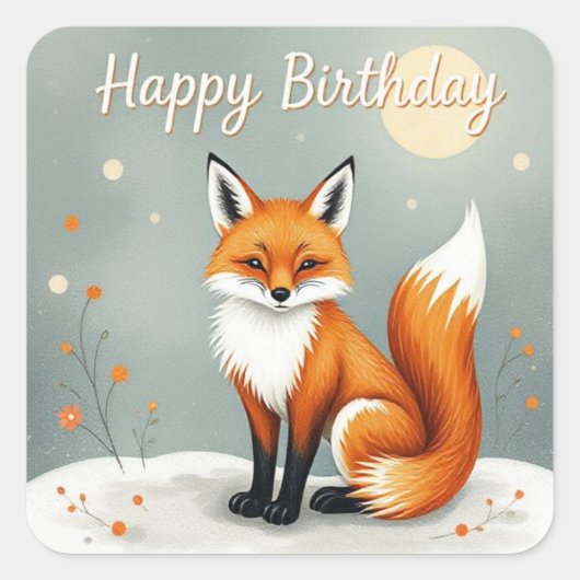 Cute Woodland Brown Fox Happy Birthday スクエアシール (正面)