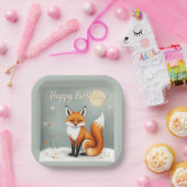 Cute Woodland Brown Fox Happy Birthday ペーパープレート (パーティー)
