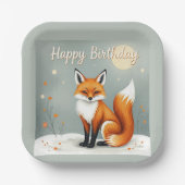 Cute Woodland Brown Fox Happy Birthday ペーパープレート (正面)