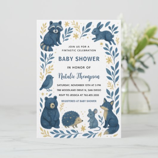 Cute Woodland Creatures |Rustic Forest Baby Shower 招待状 (スタンド正面)