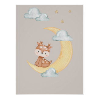 Cute Woodland Deer Moon Poster for Children ポスター