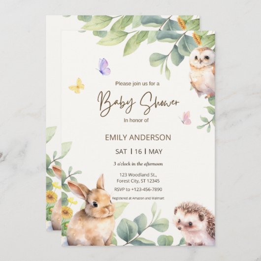 Cute Woodland Forest Animals 招待状 (正面/裏面)