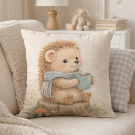 Cute Woodland Hedgehog with Mug Neutral Kids Room クッション
