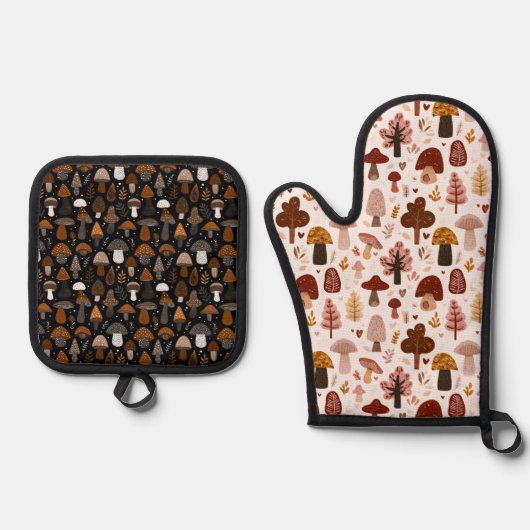 Cute Woodland Mushroom Pattern Hot Pot Holders 鍋つかみ&鍋敷きセット (正面)