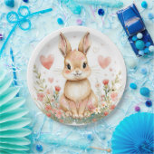 Cute Woodland Rabbit Pink Hearts Pastel Flowers ペーパープレート (パーティー)