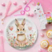 Cute Woodland Rabbit Pink Hearts Pastel Flowers ペーパープレート (パーティー)