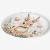 Cute Woodland Rabbit Pink Hearts Pastel Flowers ペーパープレート (アングル)