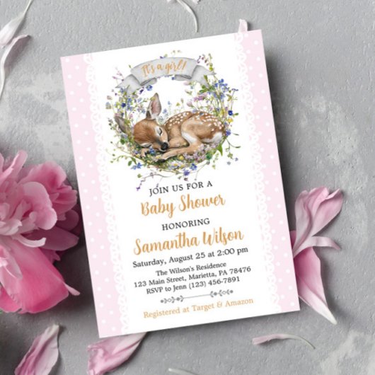 Cute Woodland Sleeping Doe Baby Shower Invitation 招待状