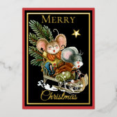 Cute Woodland Storybook Sledding Mice Christmas 箔シーズンカード (正面)