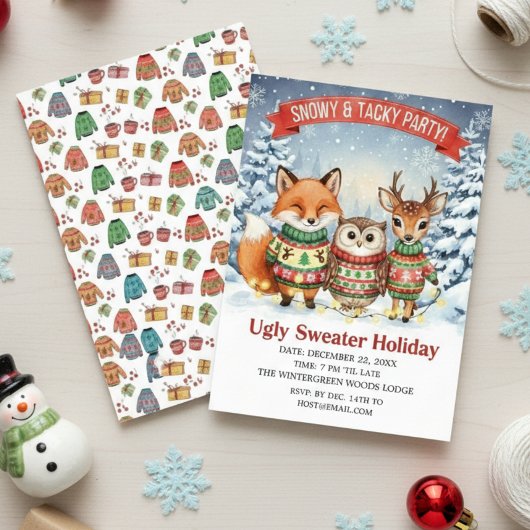 Cute Woodland Ugly Sweater Holiday Watercolor  招待状