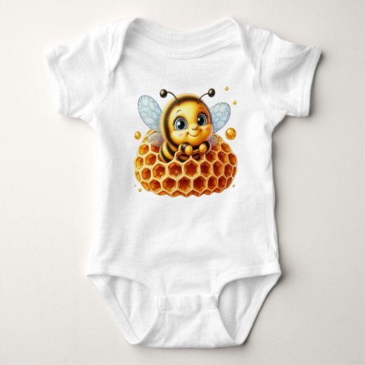 CUTE YELLOW AND BLACK CARTOON HONEY BEE ベビーボディスーツ (正面)