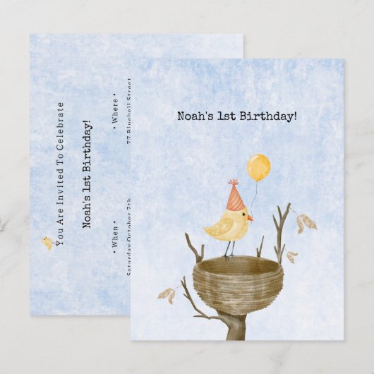 Cute Yellow Baby Bird With Balloon Invitation ポストカード (正面/裏面)