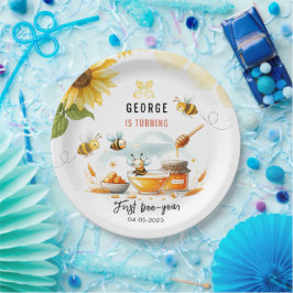 Cute Yellow Bee & Sunflower 1st Bee-Day Birthday ペーパープレート