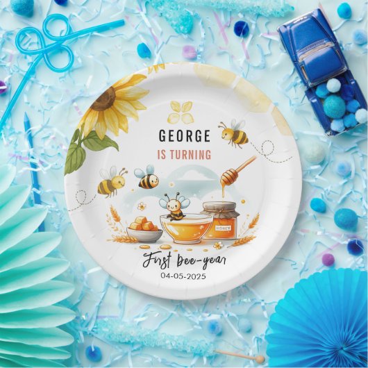 Cute Yellow Bee & Sunflower 1st Bee-Day Birthday ペーパープレート (パーティー)