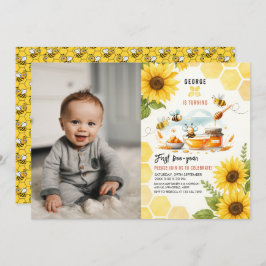 Cute Yellow Bee & Sunflower 1st Bee-Day Birthday 招待状