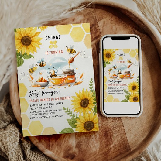 Cute Yellow Bee & Sunflower 1st Bee-Day Birthday 招待状