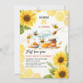 Cute Yellow Bee & Sunflower 1st Bee-Day Birthday 招待状 (正面)