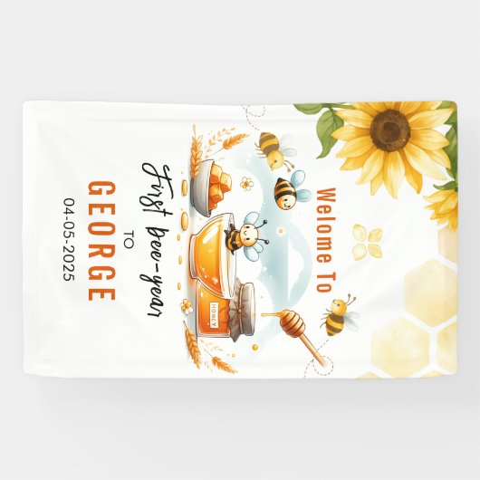 Cute Yellow Bee & Sunflower 1st Bee-Day Birthday 横断幕 (横)