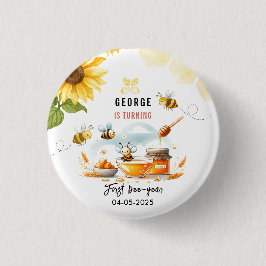 Cute Yellow Bee & Sunflower 1st Bee-Day Birthday 缶バッジ