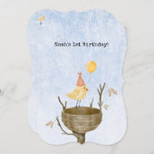 Cute Yellow Bird With Balloon Birthday Invitation 招待状 (正面/裏面)