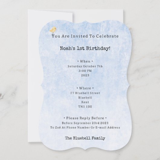 Cute Yellow Bird With Balloon Birthday Invitation 招待状 (裏面)