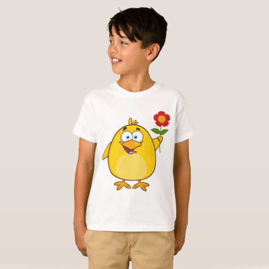 Cute Yellow Cartoon Chick with Flower Tシャツ (正面フル)