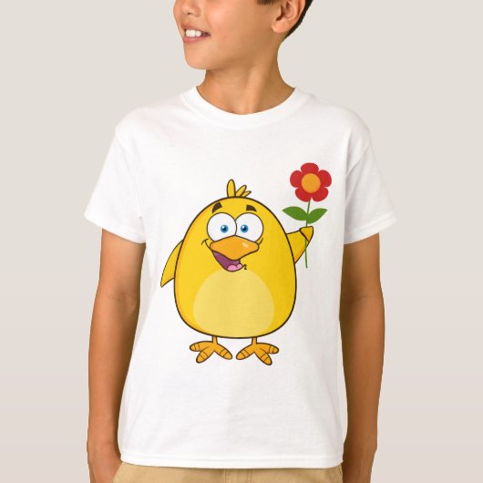 Cute Yellow Cartoon Chick with Flower Tシャツ (正面)