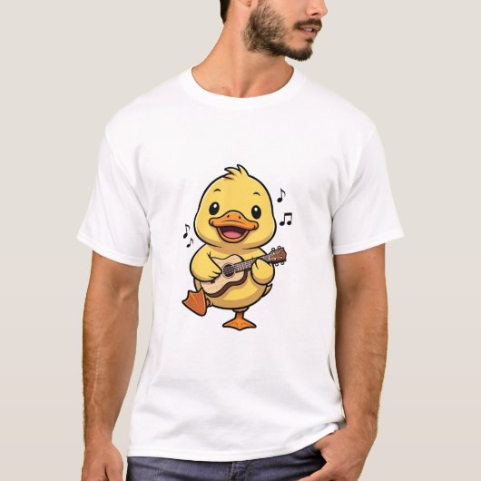 Cute Yellow Cartoon Duck Playing Ukulele Tシャツ (正面)