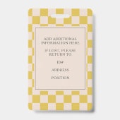 Cute Yellow Checkerboard Employee Photo ID バッジ (裏面)