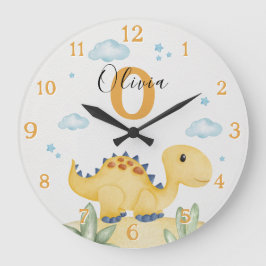 Cute Yellow Dinosaur Nursery Large Clock Personali ラージ壁時計