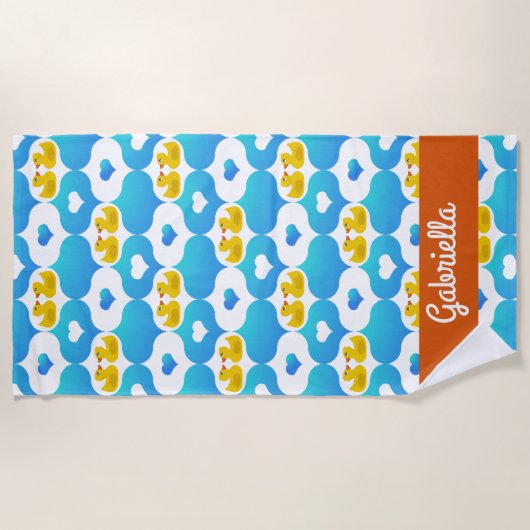 Cute Yellow Duck and Hearts Pattern Personalized ビーチタオル (正面)