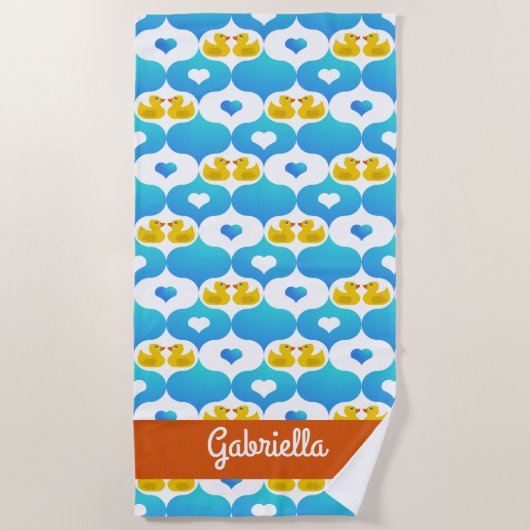 Cute Yellow Duck and Hearts Pattern Personalized ビーチタオル (正面)