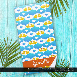 Cute Yellow Duck and Hearts Pattern Personalized ビーチタオル