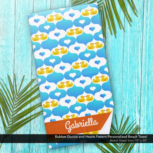 Cute Yellow Duck and Hearts Pattern Personalized ビーチタオル