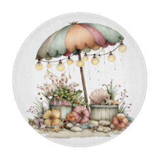 CUTE YELLOW GREEN RED BEACH SCENE UMBRELLA FLOWERS カッティングボード