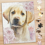 Cute Yellow Labrador Puppy Dog ジグソーパズル<br><div class="desc">Spend a relaxing afternoon putting this puzzle together of this cute hello lab puppy sniffing tulips.</div>