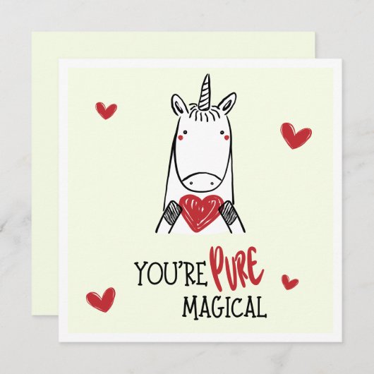 Cute Yellow Red Hearts Unicorn Kids Valentines Day ノートカード (正面/裏面)