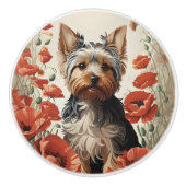 Cute Yorkshire Terrier Botanical Red Poppies セラミックノブ (正面)