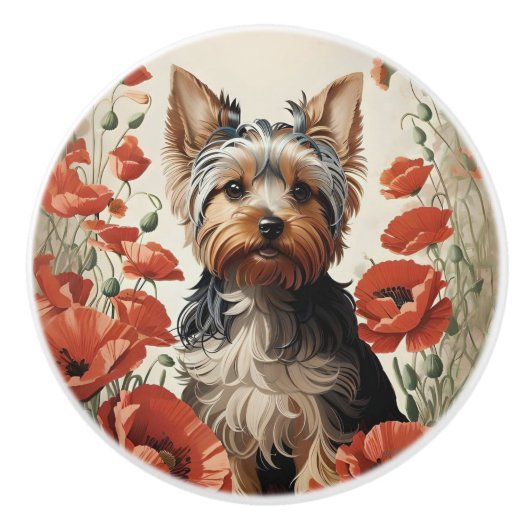 Cute Yorkshire Terrier Botanical Red Poppies セラミックノブ (正面)
