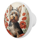 Cute Yorkshire Terrier Botanical Red Poppies セラミックノブ (右)