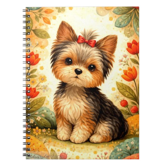 Cute Yorkshire Terrier Puppy with Red Bow ノートブック (正面)