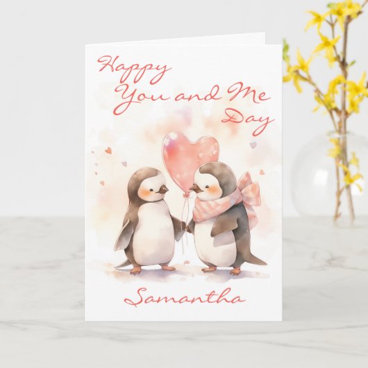 Cute You and Me Penguin カード (黄色い花)