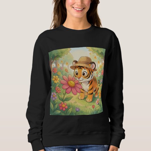Cute young tiger with hat in garden スウェットシャツ (正面)