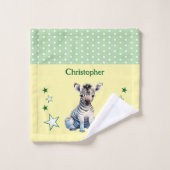 Cute zebra add name polka dots stars green ウォッシュタオル (ウォッシュタオル)