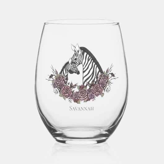 Cute Zebra Mommy & Baby ステムなしワイングラス (正面)