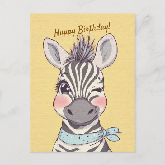 Cute Zebra with Bandana Kids Birthday Invitation ポストカード (正面)