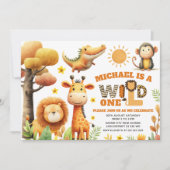 Cute ZOO Animals WILD ONE Safari 1st Birthday 招待状 (正面)
