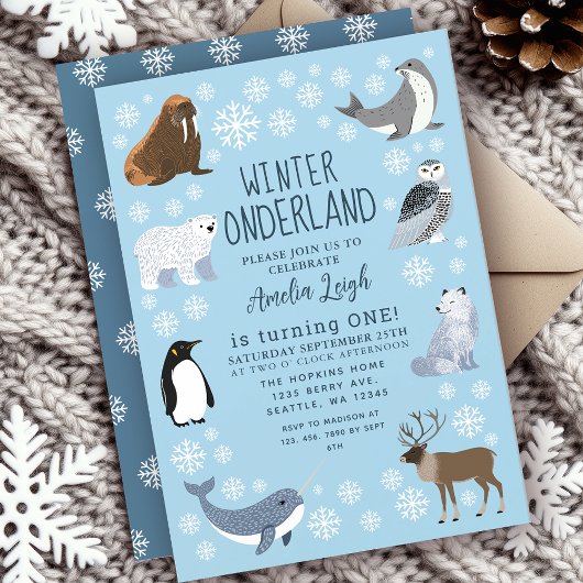 Cuter Animals Winter Onederland Kids 1st Birthday 招待状