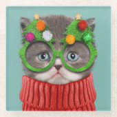 Cutest Baby Animals | Cat Christmas Sweater ガラスコースター (正面)