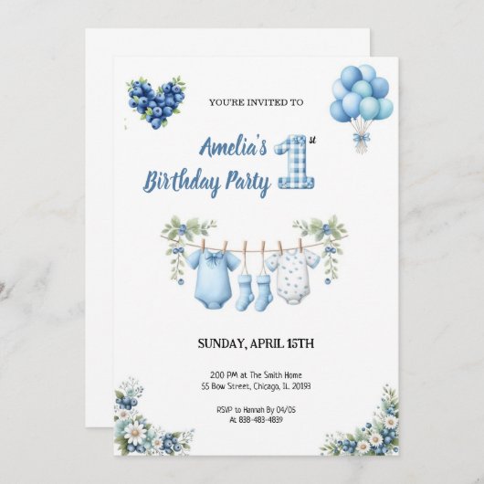 CUTEST BLUE BIRTHDAY PARTY Invitation 招待状 (正面/裏面)